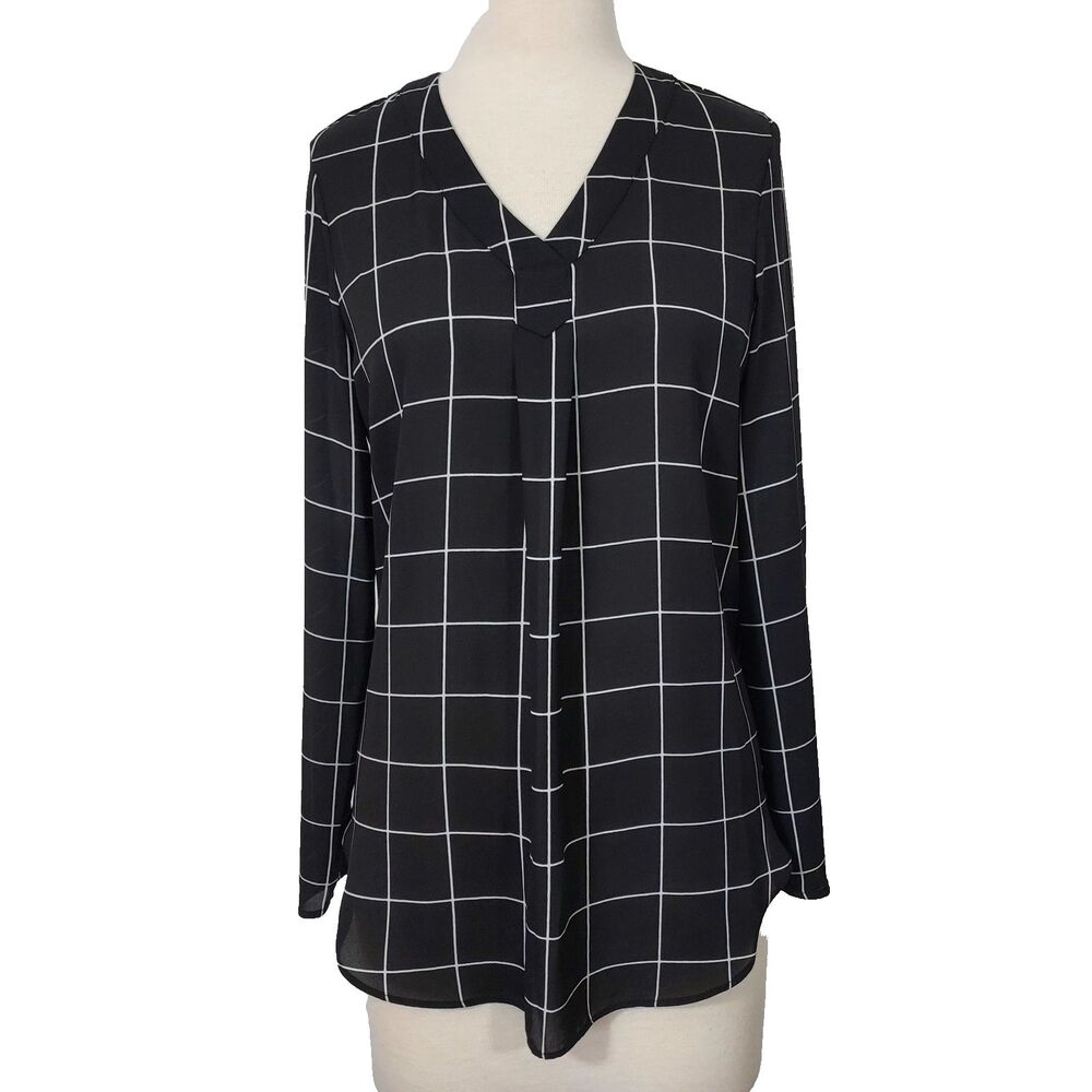 APT. 9 Shirt Top Women Size Small Black White Plaid Grid Long Roll Tab Sleeves